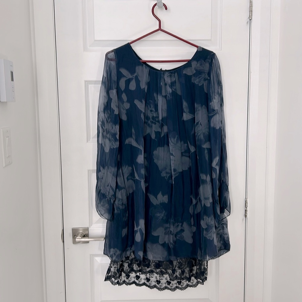 H TREND - MADE IN ITALY floral blue dress silk/viscose sheer and lace medium